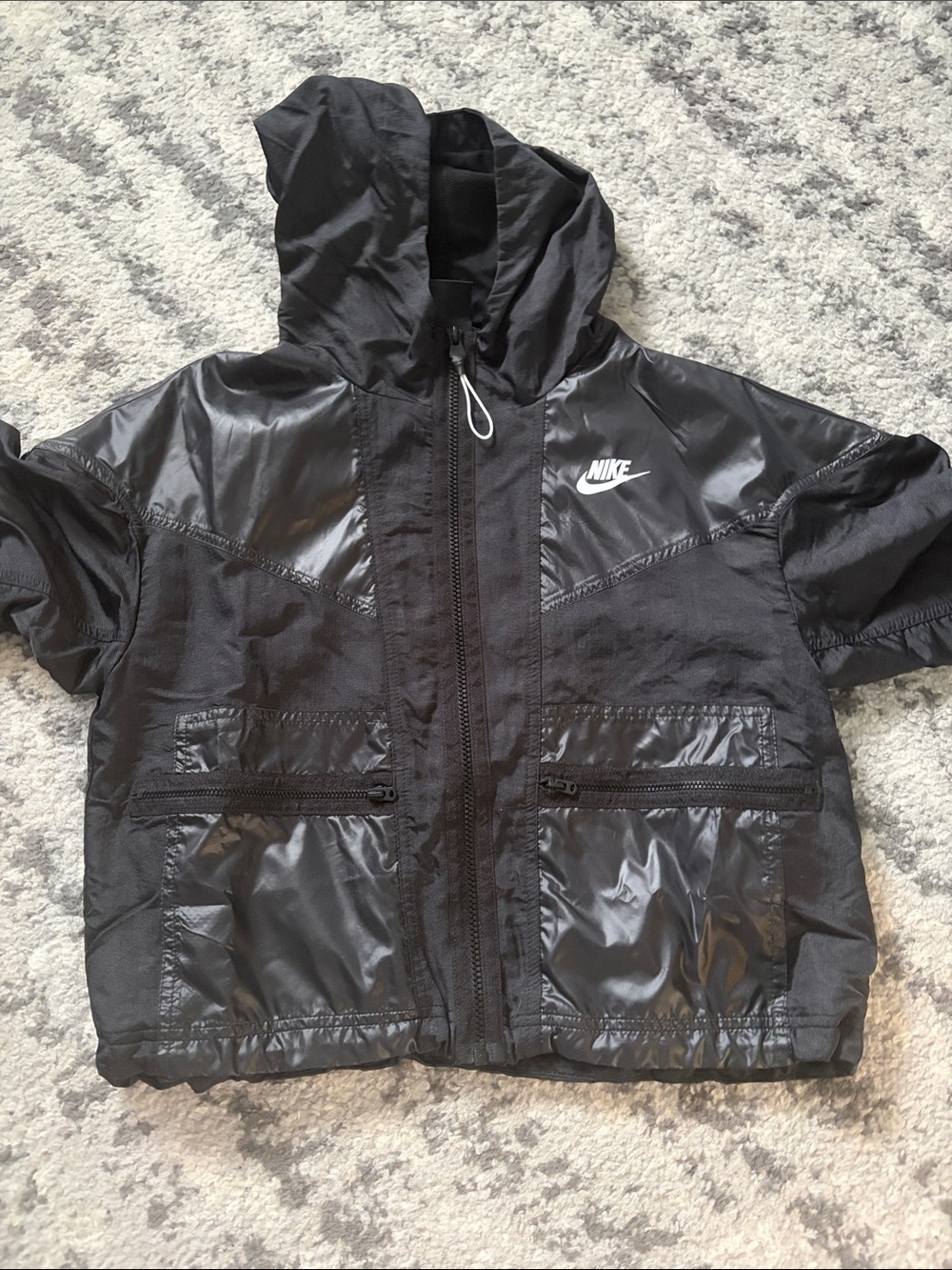 Nike Black Hooded Windbreaker -Style Jacket with Shiny Panels